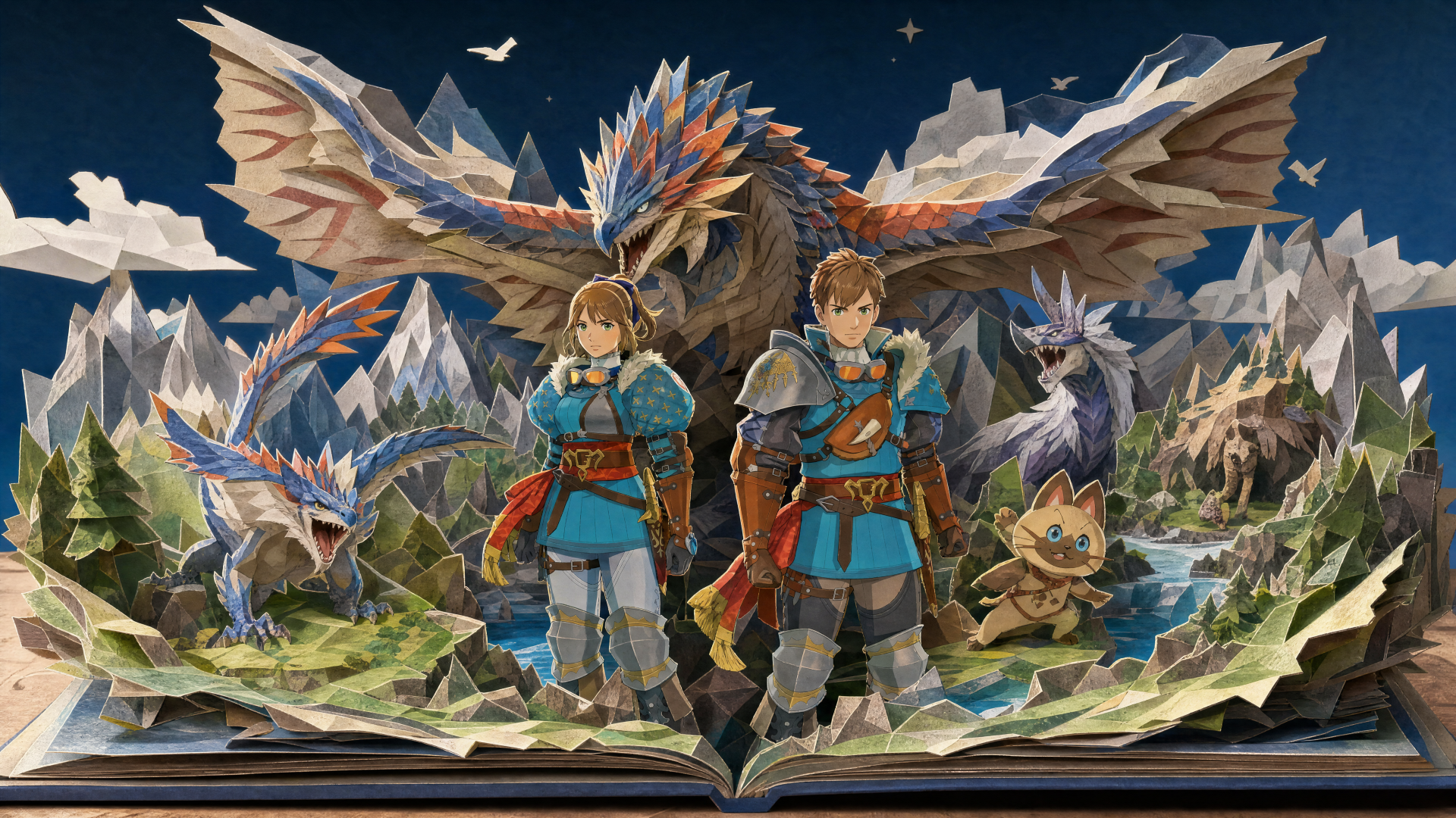 Monster Hunter Stories 3: Twisted Reflection 4K Ultra HD PC desktop wallpaper and background showing two armored riders with colorful wyverns and a Palico over a pop-up book mountain scene.