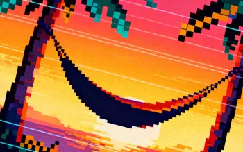 Pixel-art hammock strung between palm trees at a vivid sunset with glitchy retro colors — 4K Ultra HD PC desktop wallpaper and background.