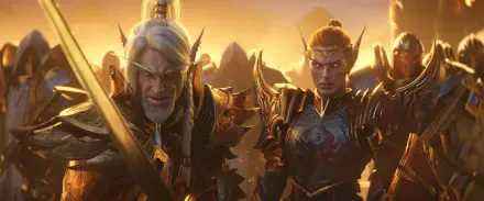 Video game HD PC desktop wallpaper of World of Warcraft: Midnight — two armored elven characters in golden armor, battle-ready against a dusky, war-torn sky.