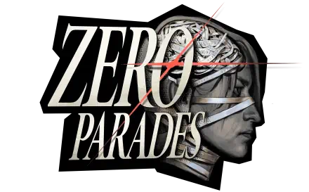 ZERO PARADES video game HD PC desktop wallpaper: monochrome side profile of a blindfolded cyborg head with exposed mechanical brain and red crosshair lines as background.