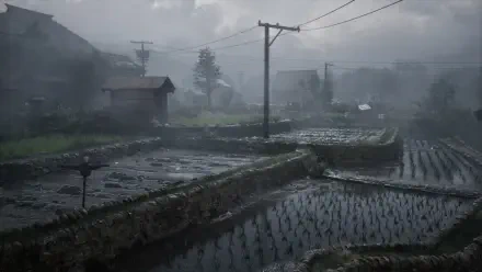 HD PC desktop wallpaper: Silent Hill F video game scene, foggy rural village with flooded vegetable garden plots, rice paddies and weathered houses under gray skies.