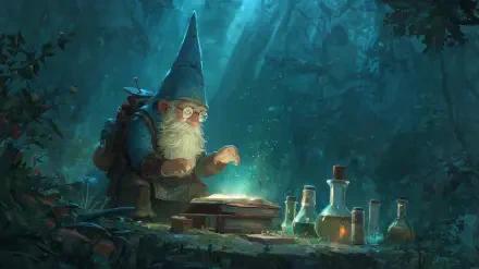 HD PC desktop wallpaper: a fantasy gnome healer channeling glowing healing magic over a book, surrounded by potions — an RPG fantasy character in a moonlit forest.