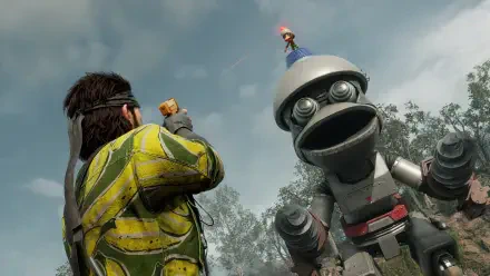 Metal Gear Solid Δ: Snake Eater scene — soldier in camo aims handgun at towering cartoonish robot in misty forest. 4K Ultra HD PC desktop wallpaper and background.