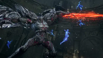 HD PC desktop wallpaper from video game Lost Soul Aside: a towering, armored monster unleashes a fiery beam at glowing blue spirit warriors in a ruined cathedral-like hall.