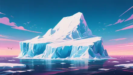 4K Ultra HD PC desktop wallpaper/background: stylized iceberg floating on calm, reflective polar waters beneath a vivid pink-and-teal sunset sky.