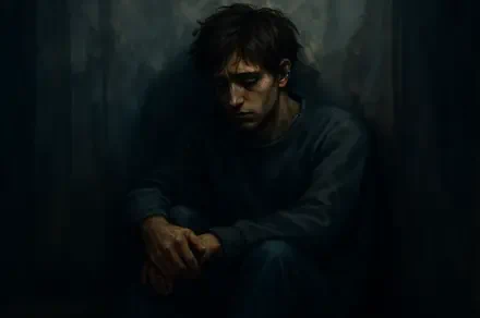 4K Ultra HD PC desktop wallpaper: a depressed young man sits hunched in shadow, head bowed and hands clasped, moody painterly tones and heavy atmosphere.