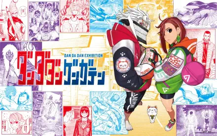 HD PC desktop wallpaper of Dandadan anime: Momo Ayase and a helmeted Ken Takakura character strike a pose before a vibrant manga-panel collage background.