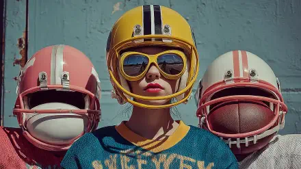HD PC desktop wallpaper: person in a yellow vintage football helmet and goggles flanked by pink and white helmets holding a football — retro sports aesthetic