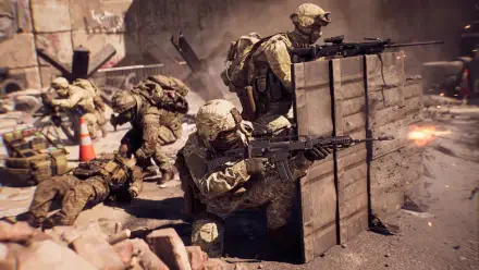 Battlefield 6 video game scene: army soldiers in urban combat, taking cover behind makeshift barricade and firing rifles amid rubble — 4K Ultra HD PC desktop wallpaper/background.