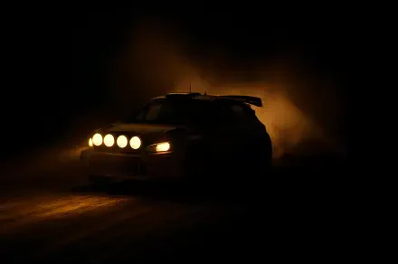 4K Ultra HD PC desktop wallpaper and background: rally car tearing through night dust, four headlights piercing darkness, dramatic backlit silhouette.