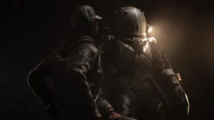 4K Ultra HD PC desktop wallpaper for the video game Cronos: The New Dawn — two armored, helmeted figures in a moody Dark Gaming scene lit by dramatic side light.