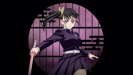 Demon Slayer: Kimetsu no Yaiba 4K Ultra HD PC wallpaper and background — dark-haired female swordsman in a school uniform, wielding a pink katana before a circular shoji window.