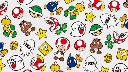 HD PC desktop wallpaper/background with a repeating Super Mario pattern: Toad, mushrooms, Goombas, Koopa shells, Boos, Piranha Plants, stars, coins and question blocks on white.