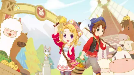 STORY OF SEASONS: Grand Bazaar HD PC desktop wallpaper — two cheerful farmers with baskets in a pastel, bustling market surrounded by animals, stalls, and a festive archway.
