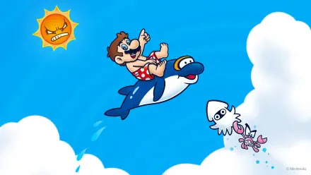 Super Mario HD PC desktop wallpaper & background: Mario in swim trunks riding a dolphin through a vivid blue sky, with a grumpy sun, clouds and a squid below.