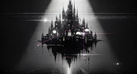 4K Ultra HD PC desktop wallpaper of a dark, futuristic floating castle with sharp spires and glowing windows, suspended above a mirrored void with subtle digital glitch accents.