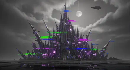 4K Ultra HD PC desktop wallpaper and background — a spiked gothic fortress rises from reflective water beneath a full moon, glowing with neon green, purple and blue glitch-like accents.