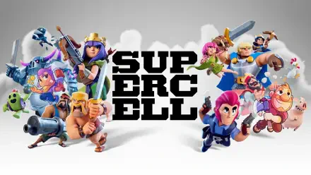 HD PC desktop wallpaper featuring the Supercell logo centered with colorful character lineups from mobile games Clash of Clans and Brawl Stars on either side.