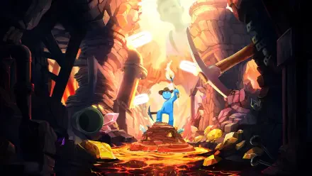 4K Ultra HD PC desktop wallpaper from the video game Supraworld: an explorer in blue raises a torch atop a rocky pedestal amid glowing lava and ruined cavern machinery.