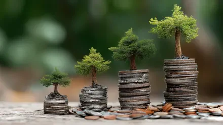 Investing 4K Ultra HD PC desktop wallpaper and background: four stacks of coins topped by progressively larger trees, symbolizing steady investment growth.
