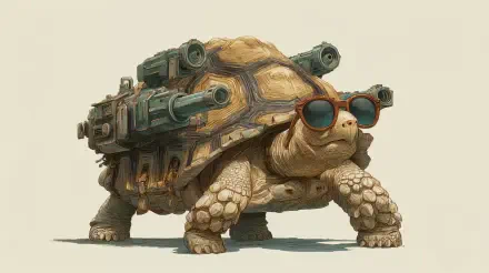 Stylized animal image of a Sulcata tortoise wearing sunglasses with mechanical cannons mounted on its shell — 4K Ultra HD PC desktop wallpaper and background.