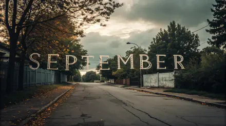September: 4K Ultra HD PC desktop wallpaper/background of a quiet suburban street with early autumn trees, fallen leaves and a moody, overcast sky.