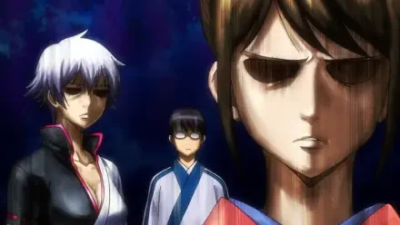 HD Gintama desktop wallpaper showing Gintoki Sakata, Kagura and Shimura Shinpachi in a dramatic, blue-toned close-up.