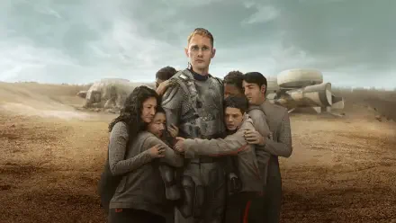 4K Ultra HD PC wallpaper from the TV show Murderbot — an armored protagonist stands in a barren landscape, protectively holding four children beneath a stormy sky.