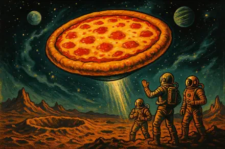 Surreal 4K Ultra HD PC desktop wallpaper and background: three astronauts on a rocky alien plain watch a giant cheese pizza UFO beam light under a starry, planet-filled sky.