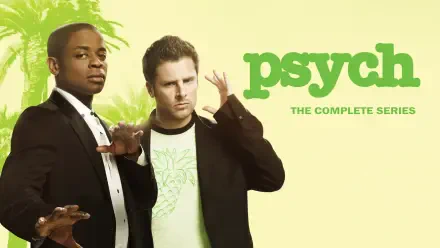 Psych TV show 4K Ultra HD PC desktop wallpaper/background: two men strike playful detective poses against a yellow-green backdrop with the show's logo.