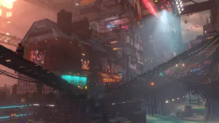 HD PC desktop wallpaper — Nivalis (video game) futuristic city: neon-lit towers, stacked walkways, hovering vehicles and rain-slick streets beneath glowing signs.