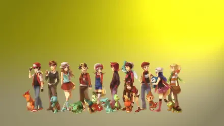 HD PC desktop wallpaper: Pokémon video game trainers with their starter Pokémon lined up across a yellow-to-gray gradient background.