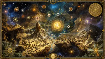 Intricate star map over a mythic mountain valley, celestial grids and zodiac glyphs glowing across a 4K Ultra HD PC desktop wallpaper and background.