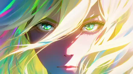 Close-up anime gior portrait: flowing blonde hair, piercing green eyes and prismatic color highlights — HD PC desktop wallpaper and background.