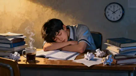 4K Ultra HD PC desktop wallpaper: person sleeping over open books at a cluttered desk, steaming mug, crumpled notes and wall clock — a burnt-out study scene.