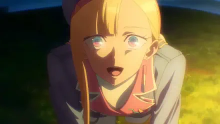 Anime HD PC desktop wallpaper from Dusk Beyond the End of the World: close-up of a smiling blonde girl lit by warm dusk light, vivid eyes and a soft blurred background.