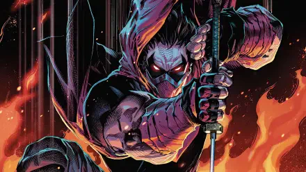 Comic-style 4K Ultra HD PC desktop wallpaper/background: Red Hood (DC Comics) in a hooded mask, gripping a blade as rain and roaring flames surround him, glowing eyes and a gritty action pose.