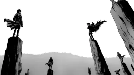 Hajime no Ippo manga HD PC desktop wallpaper: monochrome scene of silhouetted fighters standing on towering rock pillars over a misty valley, dramatic wide composition.