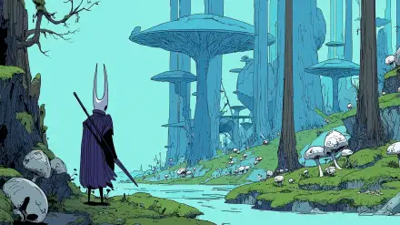 HD PC desktop wallpaper: Hornet (Hollow Knight) from Hollow Knight: Silksong stands with her needle in a turquoise mushroom forest, a fantasy world video game background.
