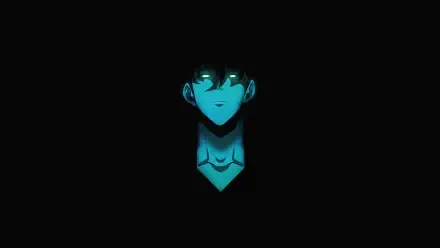 8K Ultra HD PC desktop wallpaper of Solo Leveling's Sung Jin‑Woo: cyan‑lit face and chest emerging from a black void in dark, minimalist anime style.