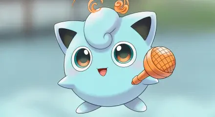 Bright 4K Ultra HD PC desktop wallpaper of Jigglypuff (Pokémon) smiling and holding a microphone on a soft blurred background.