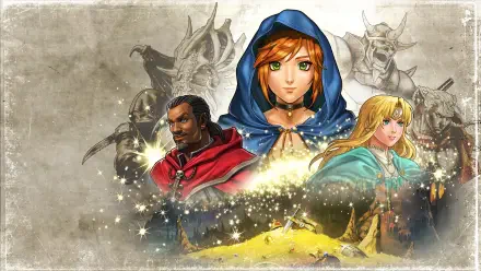 4K Ultra HD PC desktop wallpaper for video game Puzzle Quest: Edición Inmortal — three fantasy heroes (hooded heroine center, mage and warrior) with a spectral dragon backdrop.