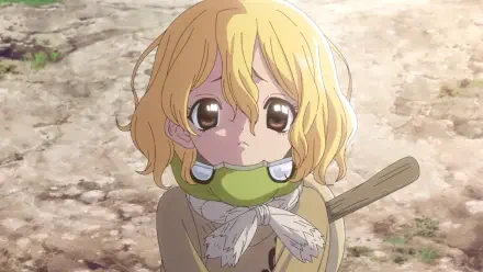 HD PC desktop wallpaper — anime close-up of Suika (Dr. Stone): wide, teary eyes, blonde hair, green scarf and watermelon-rind helmet, soft sunlight over an earthen background.