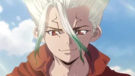 HD PC wallpaper: Senku Ishigami (Dr. Stone) close-up with a confident smirk, white spiky hair with a green streak, red cloak and bright blue sky background.