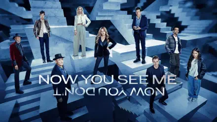Now You See Me 3 4K Ultra HD PC desktop wallpaper: ensemble of characters on an Escher-like staircase maze in cool blue tones with mirrored Now You See Me title text.