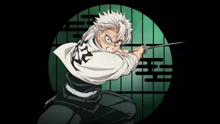 Demon Slayer: Kimetsu no Yaiba — white‑haired slayer crouched with sword drawn before a green circular shōji grid. 4K Ultra HD PC desktop wallpaper/background.