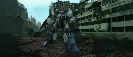 Robotech New Generation HD PC desktop wallpaper/background: a battle-scarred mecha stands amid crumbling urban ruins beneath a pale, overcast sky.