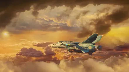 Robotech Macross 4K Ultra HD PC desktop wallpaper: a transforming Valkyrie fighter jet soaring through golden storm clouds at sunset.