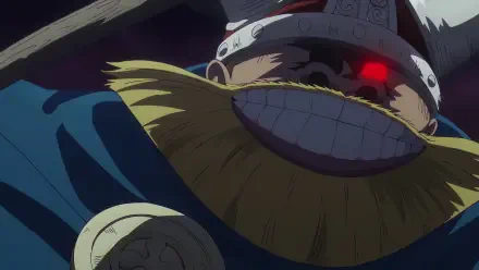 Anime One Piece — Brogy close-up wearing a metal helmet, wide toothy grin and glowing red eye, thick yellow beard; dramatic 4K Ultra HD PC desktop wallpaper background.