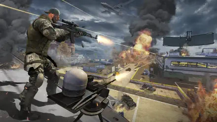 HD PC desktop wallpaper and background for the video game Blood Strike: rooftop soldier fires a sniper rifle amid explosions, drones and armored vehicles across a smoke-filled urban battlefield.